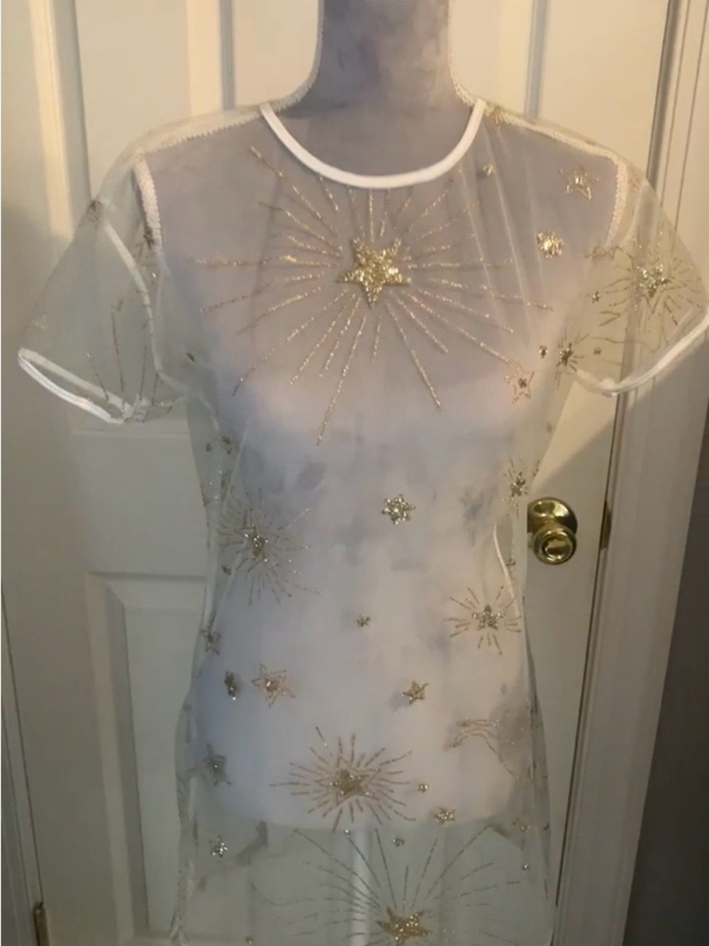 Sheer White Mesh Swim Coverup with Gold Starburst Embroidery, Size XL, NWT.